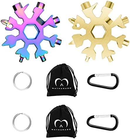 MATHARAGO Snowflake Multitool, 1pcs Snowflake Tool Stainless Steel 18 in 1 Snowflake Multitool with Carabiner Clip, Keyring and Storage Bag for Christmas Gift Men's Present(Gold)