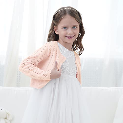 Image of Kids Girls Open Front Bolero Shrug Long Sleeve Button Down Cropped Cardigan Sweaters Shrug Dress 3-12 Years,Light Peach Pink,7 /8
