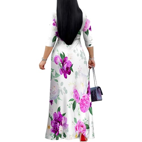 Image of PinkPatty Women's Print Maxi Dresses 3 /4 Sleeve Flowy Long Dress V Neck Wrap Tie Waist Sundress