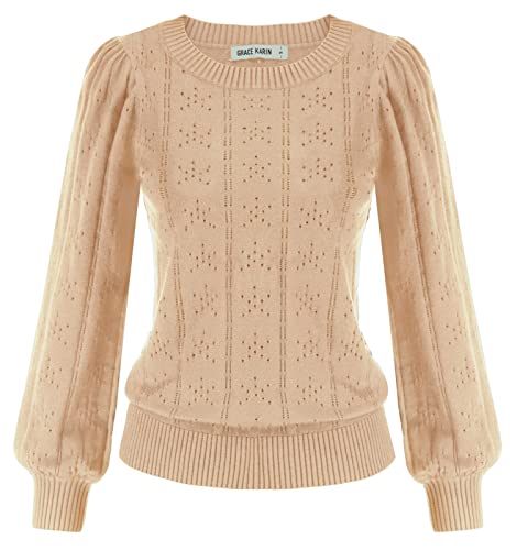 Image of GRACE KARIN Daily Office Jumper Women Autumn Winter Puffed Long Sleeve Hollowed Out Pullover Sweater Elastic Apricot M