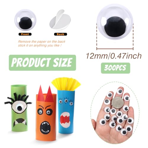TOAOB 300 peças de plástico Wiggle Googly Eyes autoadesivo 12 mm preto redondo olhos DIY artes artes