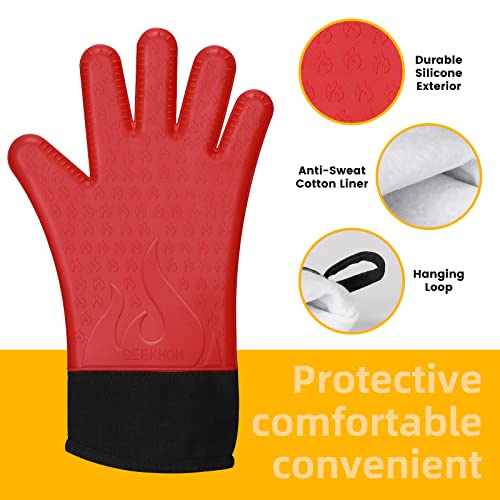 Geekhom Oven Mitts, Oven Gloves Waterproof & Heat Resistant, Silicone Bbq Gloves, 14 Inches Long Non-Slip Potholder For Barbecue, Cooking, Baking (Red, Medium) #TOP4