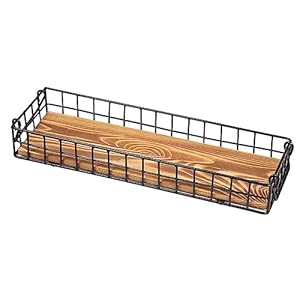Rustic Torched Brown Wood Serving Tray Industrial Metal Wire Frame Handles Mesh Basket Rectangular Wooden Display Box Tabletop Kitchen Living Room Breakfast Party Office Supplies Decors