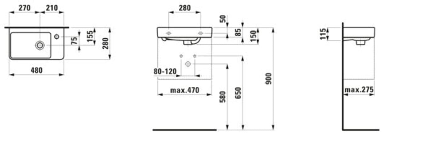 LAUFEN PRO S Handwaschbecken, Becken links, 1 Hahnloch, mit Überlauf, 480x280mm, H8159540001041, Farbe: Weiß