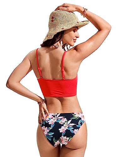 Image of CRZ YOGA V Shaped Longline Bikini Tops for Women - Padded Cropped Adjustable Spaghetti Straps Swimsuit Athletic Bathing Suit