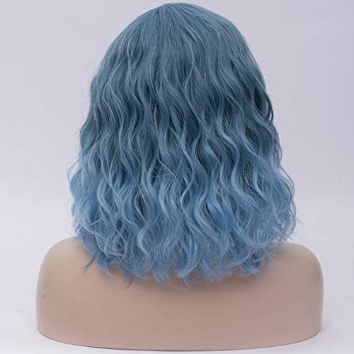 Cying Lin Short Bob Wavy Curly Wig Ombre Light Blue Wig For Women Cosplay Halloween Wigs Heat Resistant Bob Party Wig Include Wig Cap (Ombre Light Blue) - Thumbnail 4
