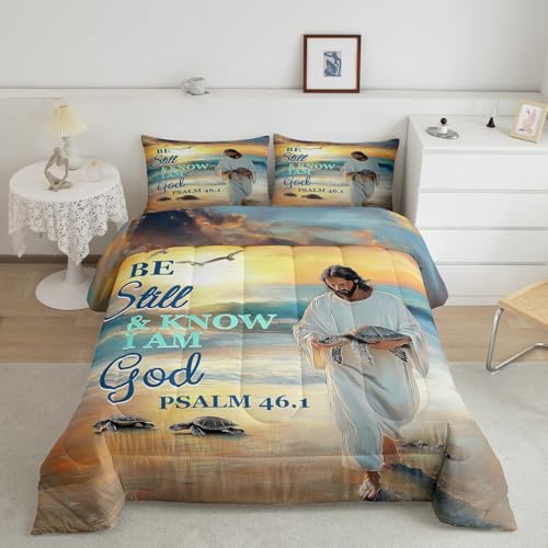 Homewish Bible Verses Comforter Sets Queen Size,Ocean Beach Bedding Set 3Pcs for Kids Boys Girls Teens Room Decor,Bible Verses Theme Comforter Cover Inspirational Quotes Quilt Cover,2 Pillowcases