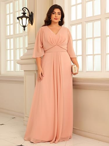 Chiffon Mother of The Bride Dresses 2025 3/4 Sleeves Formal Dress V Neck Ruched Evening Dress with Pockets4