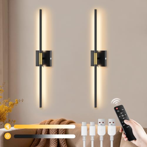 Rechargeable LED Wall Lights 2 Pack - 10000mAh Battery Operated Wall Lights Indoor with Remote 3 Colour Temperatures Wireless Wall Sconces Dimmable Black Gold Wall Lamp for Living Room Bedroom Hallway