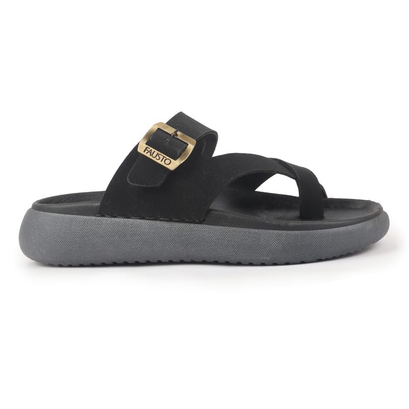 Image of FAUSTO Men Toe Ring Criss Cross Buckle Strap Side Stitched Waterproof Summer Slip On Sandals|Comfort Sole|Lightweight Slippers for Rainy Monsoon Season