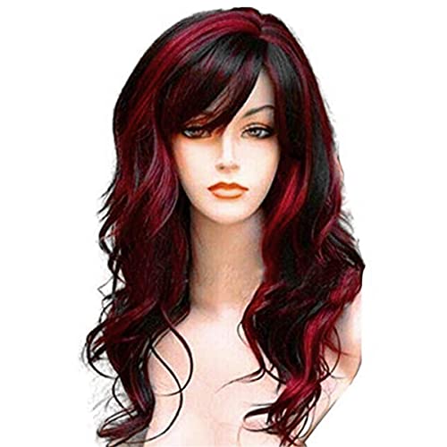 Mecamping Short Curly Wig With Bangs Synthetic Long Hair Wavy Red Mixed Black Wigs Party Cosplay Costume Halloween Wig Resistant Fiber Hair For Women Girls #TOP1