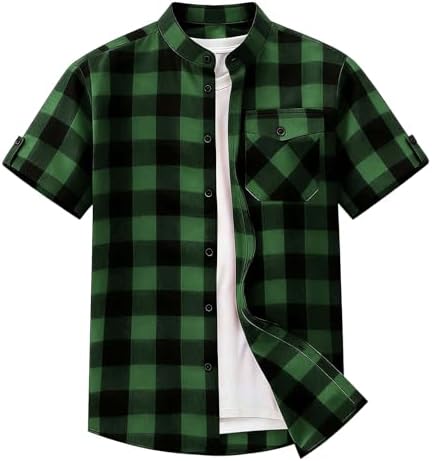 Men's Casual Short Sleeve Button Down Shirt, Checkered Pattern Stand Collar Top with Chest Pockets for Summer Wear Army Green - 3