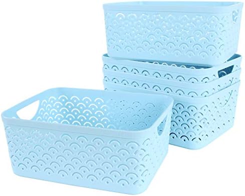 AHUNTTER 5 Pack Plastic Storage Basket Set - 28.7cm x 21.8cm x 13.5cm Large Portable Storage Boxes for Kitchen Shelves Cupboards Bathroom Desktop Cabinet - Gray