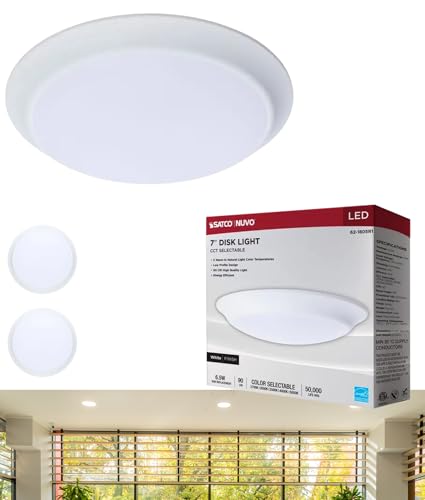 Satco 62-1805R1 7 Inch LED Disk Light, 6.5W, CCT Selectable 2700K-5000K, 615 Lumens, Triac Dimmable, 90 CRI, Wet Rated, Closet Certified, White Finish, 120 Volt, Energy Star JA8 (2 Pack)