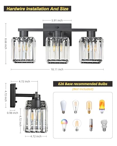 OKELI 3-Light Bathroom Light Fixtures, Matte Black Crystal Mirror Vanity Light