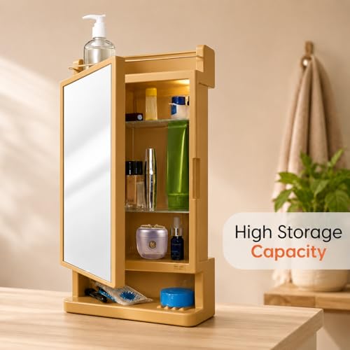 Image of CIPLA PLAST Rich Look Bathroom Cabinet with Mirror | Storage Organiser | Strong Plastic Bathroom Shelves Wall Mounted | Bathroom Accessories| Mirror Cabinet (Champagne Gold)