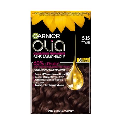 Garnier Coloration Permanente, Sans Ammoniaque, Aux Huiles Naturelles de Fleurs, Chocolat Glacé (5.15), Olia