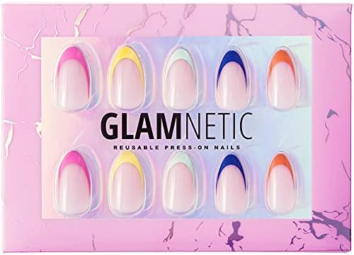 Glamnetic Press On Nails - Sprinkles | Rainbow French Tip Nails, UV Finish Short Pointed Almond Shape, Reusable Semi-Transparent Nails in 12 Sizes - 24 Nail Kit with Glue