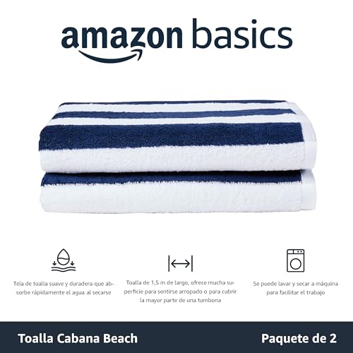 Miniatura 2 de Amazon Basics Toalla De Playa, De Rayas Cabana, Azul Marino, 2 Unidad, 152 L X 76 W Cm