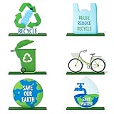 CPicdn 6Pcs Earth Day Cute Tiered Tray Decoration Centerpieces, Environmental Protection Wood Sign Recycle Save Water Table Topper Decor Happy Earth Day Supplies for School Home Office Desk Shelf