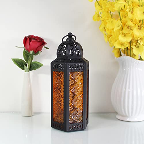Cvhomedeco. Decorative Candle Lantern Moroccan Lanterns Vintage Black Metal Lantern Holder For Home Patio Outdoor Decor. Amber Glass, Medium #TOP4