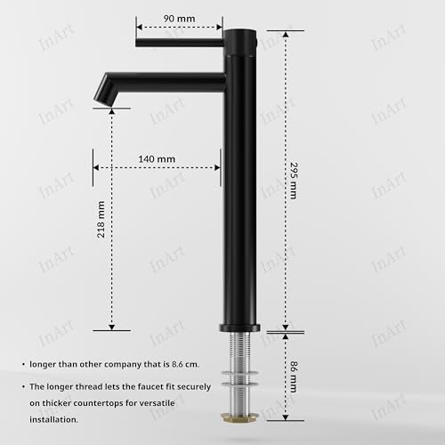Image of InArt SS-304 Extra Tall Pillar Tap for Wash Basin | 12 Inch High Neck Table Top Tap with 3 inch Extended Thread | Long Basin Faucet Pillar Cock | 7 Years Warranty (Black Matt)