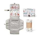 MINIWOOD Cambiador portátil e impermeable para bebé con 2 bolsillos portatoallitas y pañales con cojín para la cabeza, más muselina 120x120. Pack ideal para regalos originales bebés recién nacidos