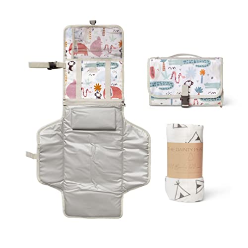 MINIWOOD Cambiador portátil e impermeable para bebé con 2 bolsillos portatoallitas y pañales con cojín para la cabeza, más muselina 120x120. Pack ideal para regalos originales bebés recién nacidos