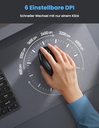 TECKNET Ergonomische Maus Bluetooth, Wiederaufladbar Maus Kabellos mit 3 Gerät (BT 5.0/3.0 + 2.4G), 6 Tasten, 4800 DPI Leise Vertikale Funkmaus für Laptop, Computer, iPad, Mac, Windows