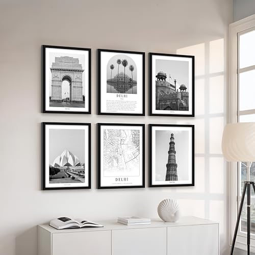 Image of PAINTINGMANTRA A3 Delhi Wall Art Prints Pack of 6, Heritage Landmark Framed Decor, Red Fort, Qutub Minar, Architectural Photography, Photos for Living Room, Bedroom, Office Decoration(32x44 cm)
