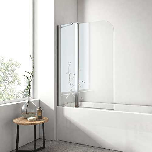 EMKE Paroi de baignoire 100 x 140 cm, 1 volets pivotants+1 volets fixation, pare baignoire 6mm verre de sécurité, 180° balançoire,Color Chrome,Revêtement nano facile à nettoyer