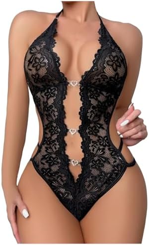 Franterd Lingerie for Women Sexy Deep V Lace Teddy Babydoll Lingerie Mesh Lace Teddy One Piece Bodysuit Nightgown Sleepwear