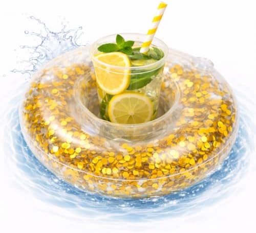Getränkehalter aufblasbar Luftmatratze Schwimmring Schwimmreif für Pool, Cocktailhalter, Bierhalter, Becher, Dosenhalter, Becherhalter Bier (Ring Glitzer Gold)