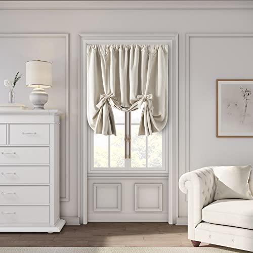 Ricardo | Premium Velvet Rod Pocket Tie-Up Panel | 50" W X 63" L | Bone | Rod Pocket & Adjustable Tie Up Feature | Luxurious Feel | Cream Short Blackout Curtain | Soft Velvet Kitchen & Livingroom #TOP14