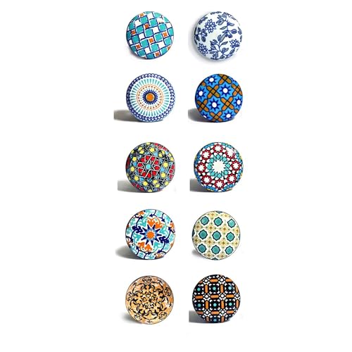 Nacnic Set di 10 pomelli in ceramica di diversi colori e forme dipinti a mano. Maniglie artigianali per armadi, cassetti, cassettiere e appendiabiti. Pomelli classici in ceramica diametro 40mm