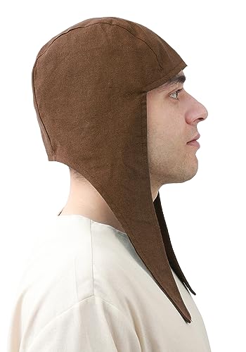 KUOIN Medieval Coif Cap Linen Hats Bonnet with Ear Flaps Victorian Peasant Cosplay Arming Cap Accessories