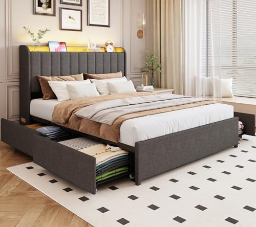 Full Bed Frame with 4 Drawers and Storage Headboard, Upholstered