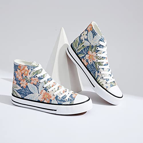 Hash Bubbie Women's High Top Sneakers Classic High Tops Canvas Shoes Embroidery Lace Up Tennis Shoes Fashion Canvas Sneakers Casual Shoes For Walking（（Blue Print.us5） #TOP5