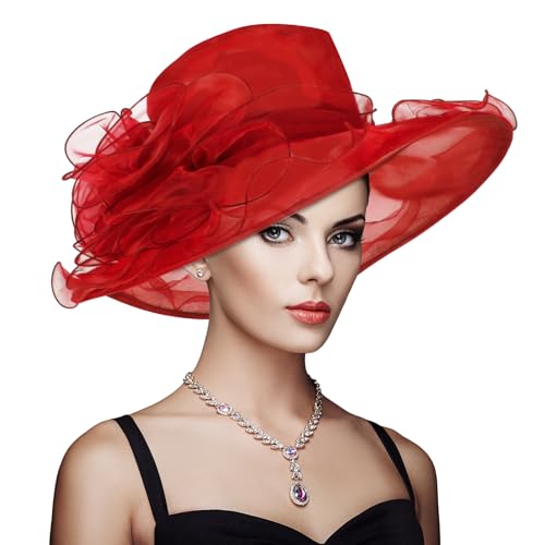 SHUIMUHUABEN Derby Hats for Women 2025 Equestrian Derby Tea Party Fascinators Wide Brim Bright Red