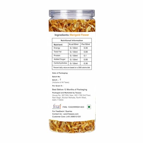 Image of TEAAZA Marigold Flower Tea|Natural Sun Dried Marigold Flower|RELIEVES PAIN|Caffeine Free - Flower Based - Herbal Tea - Gluten Free - Non - Bitter|Marigold Tea Leaves-30 Grams,60 Cups|Reusable Pet Jar