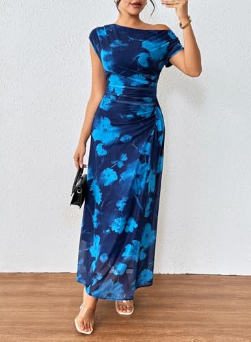 Blencot Women's Off Shoulder Floral Maxi Dress Elegant Ruched Waisted Mesh Printed Formal Wedding Guest Cocktail Party Dresses Blue L #TOP14
