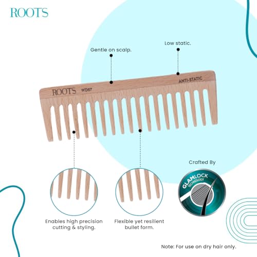 Image of ROOTS Wooden Comb | Wide Teeth | Round Teeth prevent Hair & Scalp damage| 100% Natural Wood | Anti-Frizz & Shine | For Long, Thick & Dry Hair | For Men & Women | Length - 5.7 Inch | Model No - WD57