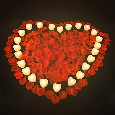 1000pcs Artificial Rose Petal with 24pcs Romantic Heart Shape LED Candle Kit, Romantic Love Candle Tealight Candle Girl Scatter Petal for Romantic Night Valentine's Day Anniversary Wedding Table Decor Cover