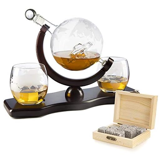 The Wine Savant Globe Car Whiskey Decanter - With 2 Globe Glasses, Includes Whiskey Stones For Whiskey, Scotch, Bourbon or Wine Matching Globe Glasses, HOME BAR DECOR
