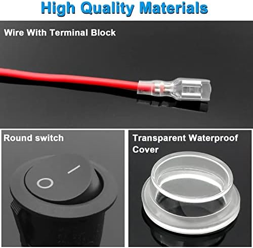 8Pcs Round Rocker Switch On/Off 2 Pin, KCD1 Boat Small Switch with Reed Wire and Waterproof Cover Rocker Toggle Switch AC 6A/250V 10A/125V 12VDC for Car Truck Motorcycle MarineBlack