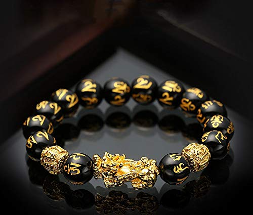 Feng Shui The Best 12Mm Black Hand Carved Mantra Bead Bracelet With Golden Pi Xiu/Pi Yao Lucky Wealthy Amulet Brecelet #TOP2