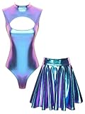 Lorilida Women Shiny Metallic Rave Outfit Sets 2 Pcs Holographic Bodysuits with Mini Skater Skirt Azul Grande
