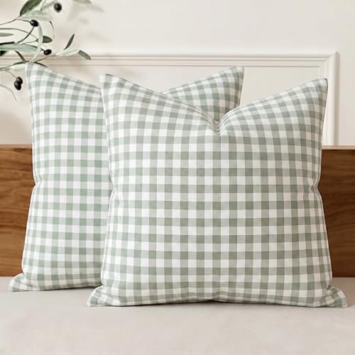 Sage Green Gingham Plaid Outdoor Porch Throw Pillow Covers 18x18 Set of 2 | Spring Outdoor Pillow Covers 18 x 18, Outdoor Pillows for Patio Furniture,Sage Green Farmhouse Decorative Couch Pillow Covers