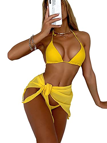 Makemechic Women's 3Packs Triangle Bikini Swimsuit & Beach Skirt Yellow Xs #TOP5