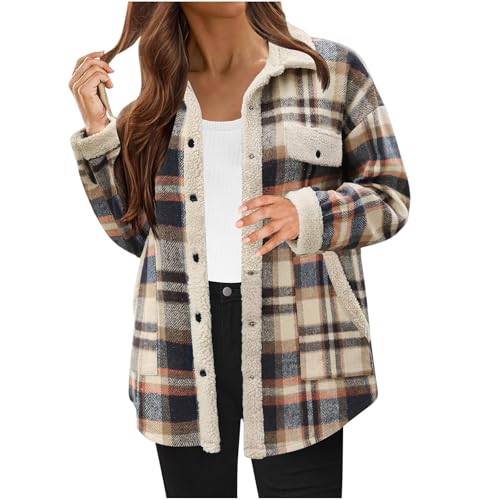 FOCLMP Women 2024 Hooded Flannel Jacket Warm Sherpa Shacket Fleece